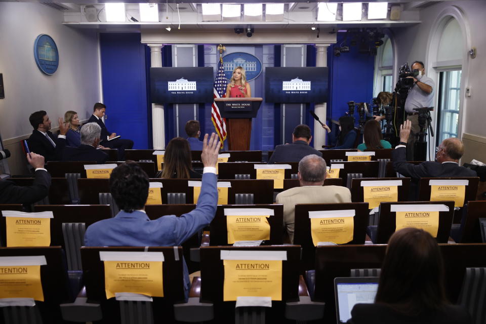 White House press secretary Kayleigh McEnany speaks during a news conference, Monday, June 8, 2020, at the White House in Washington. (AP Photo/Patrick Semansky)