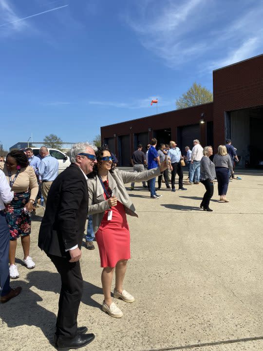 Some members of the WAVY team checking out the eclipse right around its peak Monday afternoon. April 8, 2024