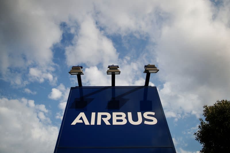 FILE PHOTO: A logo of Airbus is seen at the entrance of its factory in Blagnac near Toulouse