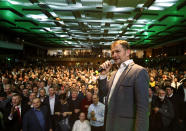 Leader of the Ordinary People and Independent Personalities party Igor Matovic addresses his supporters, acknowledging preliminary results of the general election in Trnava, Slovakia, Sunday, March 1, 2020. (AP Photo/Petr David Josek)