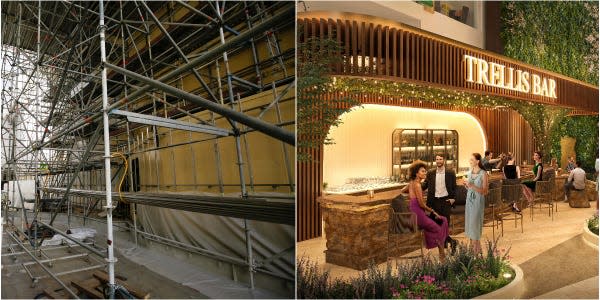 A collage of Royal Caribbean's Icon of the Seas Central Park neighborhood's Trellis Bar and Royal Caribbean’s rendering of the space.