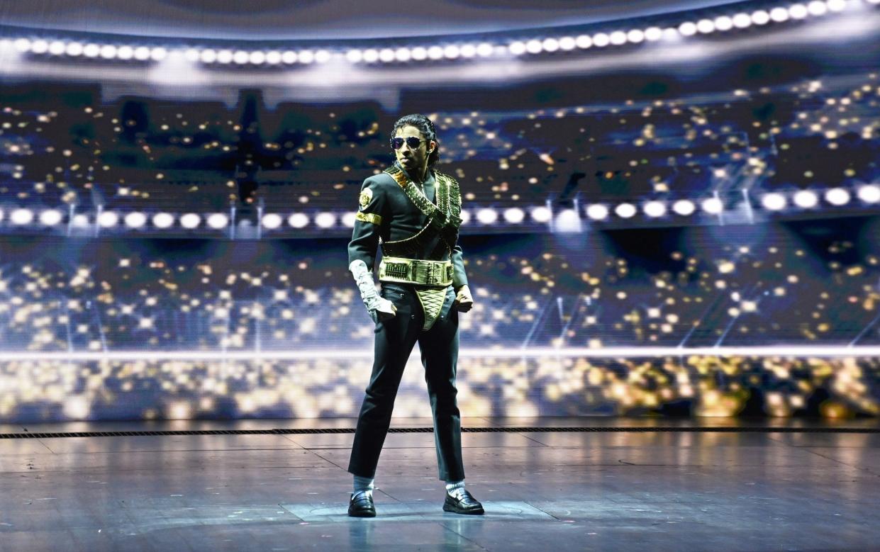 Cast member Myles Frost bows at the curtain call during the press night performance of "MJ: The Musical"