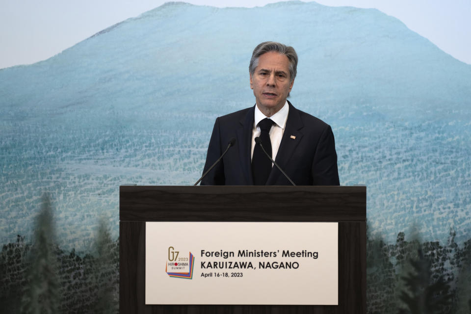 U.S. Secretary of State Antony Blinken speaks during a press conference after the G7 Foreign Ministers' Meeting Tuesday, April 18, 2023, in Karuizawa, a resort town north of Tokyo. (Zhang Xiaoyu/Pool Photo via AP)