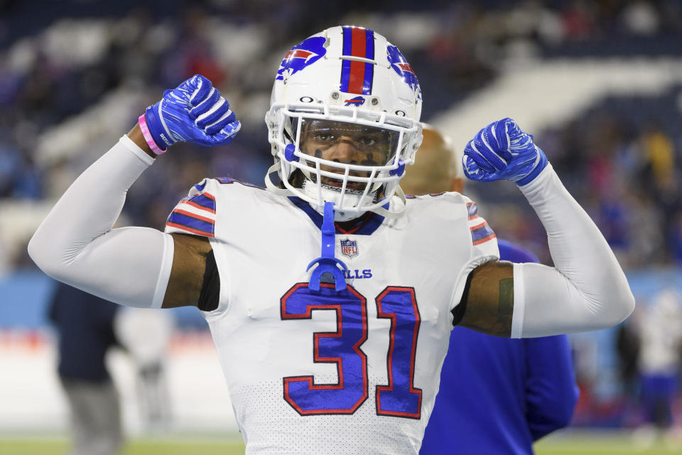 FILE - Buffalo Bills safety Damar Hamlin (31) is shown before an NFL football game against the Tennessee Titans on Monday, Oct. 18, 2021, in Nashville, Tenn. Hamlin was released from a Buffalo hospital on Wednesday, Jan. 11, 2023, more than a week after he went into cardiac arrest and had to be resuscitated during a game at Cincinnati, after his doctors said they completed a series of tests. (AP Photo/John Amis, File)