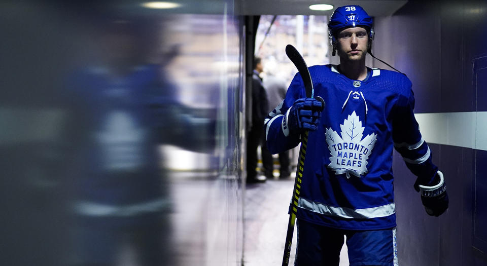 TORONTO, ON - OCTOBER 5: Rasmus Sandin #38 of the Toronto Maple Leafs walks to the dressing room before playing the Montreal Canadiens at the Scotiabank Arena on October 5, 2019 in Toronto, Ontario, Canada. (Photo by Mark Blinch/NHLI via Getty Images)