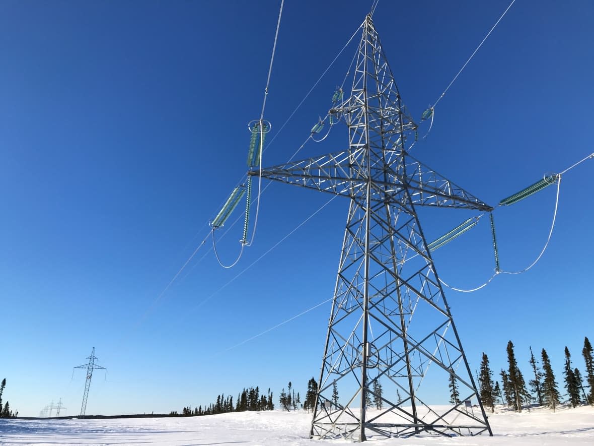 These steel towers support the 1,100-kilometre Labrador-Island transmission line from Muskrat Falls in Labrador to Soldiers Pond on Newfoundland's Avalon Peninsula. The LIL, as it's known, failed a critical high-power test on Thursday. (Terry Roberts/CBC - image credit)