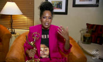 In this video grab captured on Sept. 20, 2020, courtesy of the Academy of Television Arts & Sciences and ABC Entertainment, Regina King accepts the award for outstanding lead actress in a limited series or movie for "Watchmen" during the 72nd Emmy Awards broadcast. (The Television Academy and ABC Entertainment via AP)