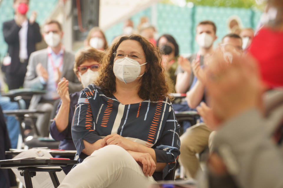 Andrea Nahles im Juni 2021 beim Landesparteitag der Sozialdemokraten in der Nahetal-Arena in Gensingen (Rheinland-Pfalz).