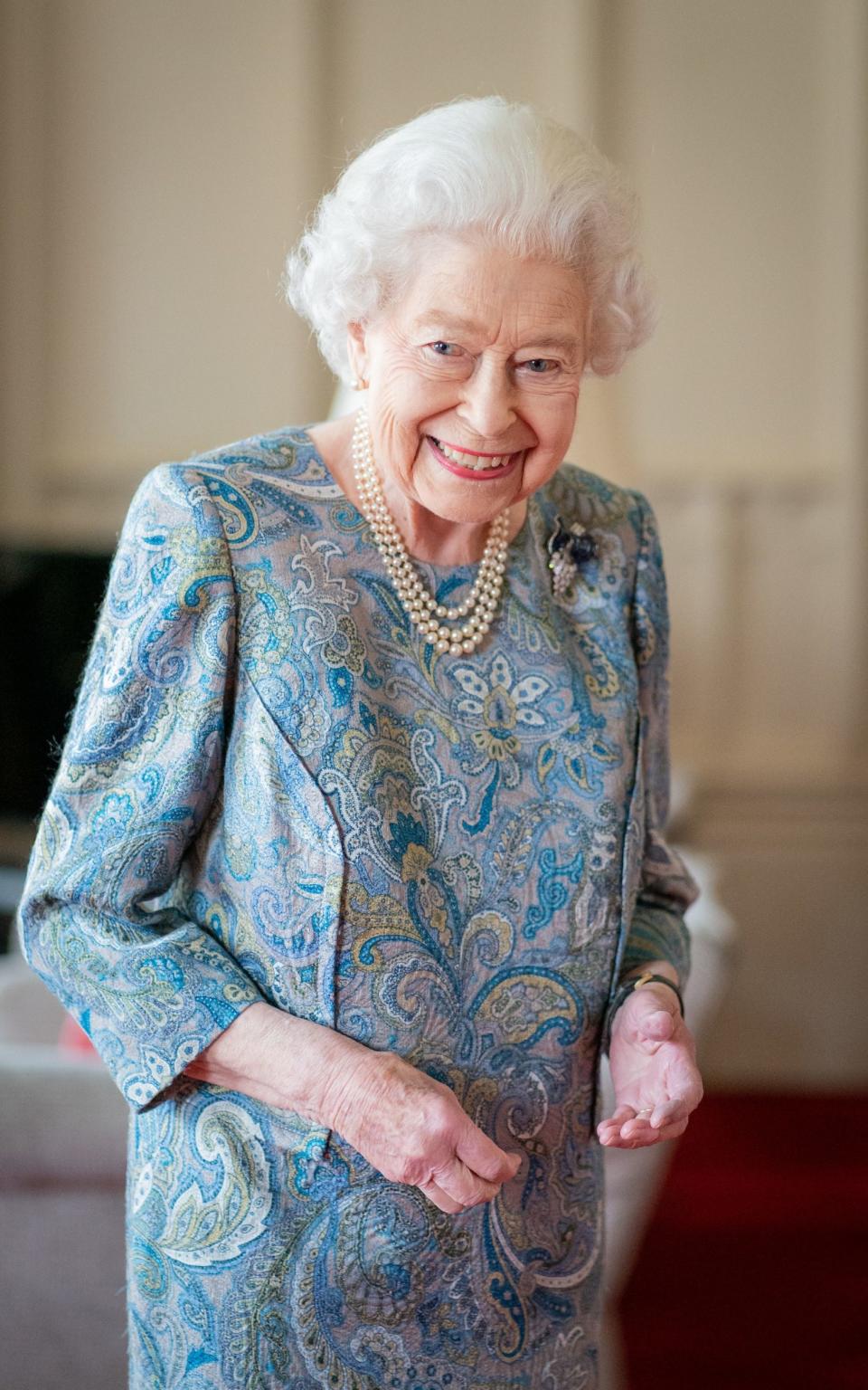 Her Majesty in a blue and grey paisley-style patterned silk dress, with a fruit-themed sapphire and diamond grapes brooch - Dominic Lipinski/AFP via Getty Images 