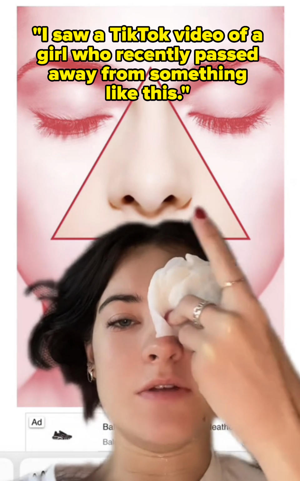 Brooke Hyland covering her eye while pointing to a diagram with caption "I saw a TikTok video of a girl who recently passed away from something like this."