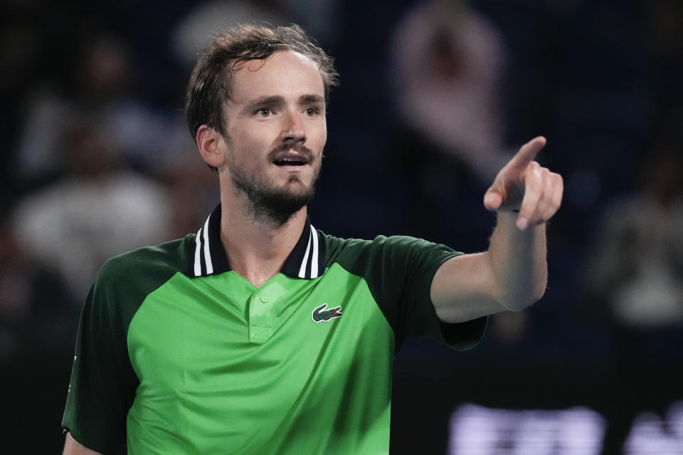 Daniil Medvedev of Russia reacts during his second round match against Emil Ruusuvuori of Finland at the Australian Open tennis championships at Melbourne Park, Melbourne, Australia, Friday, Jan. 19, 2024. (AP Photo/Andy Wong)