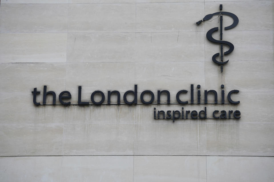 Signage for the London Clinic, in central London, where Kate, Princess of Wales, is recovering after undergoing successful abdominal surgery, Kensington Palace said Wednesday, Jan 17, 2024. (Lucy North/PA via AP)