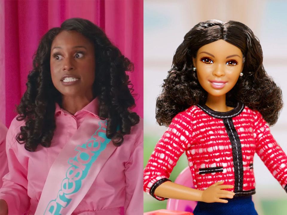 Left: Issa Rae as President Barbie in "Barbie." Right: The 2016 Presidential Candidate Barbie doll.