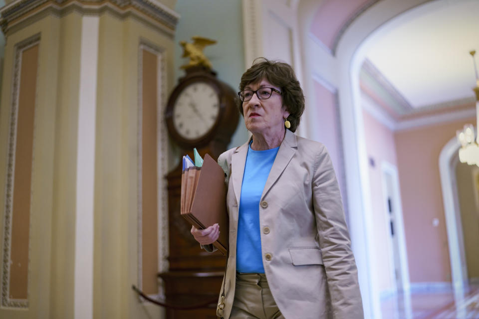 Sen. Susan Collins, R-Maine, walks to the chamber for final votes before the Memorial Day recess, at the Capitol in Washington, Friday, May 28, 2021. Senate Republicans successfully blocked the creation of a commission to study the Jan. 6 insurrection by rioters loyal to former President Donald Trump. (AP Photo/J. Scott Applewhite)