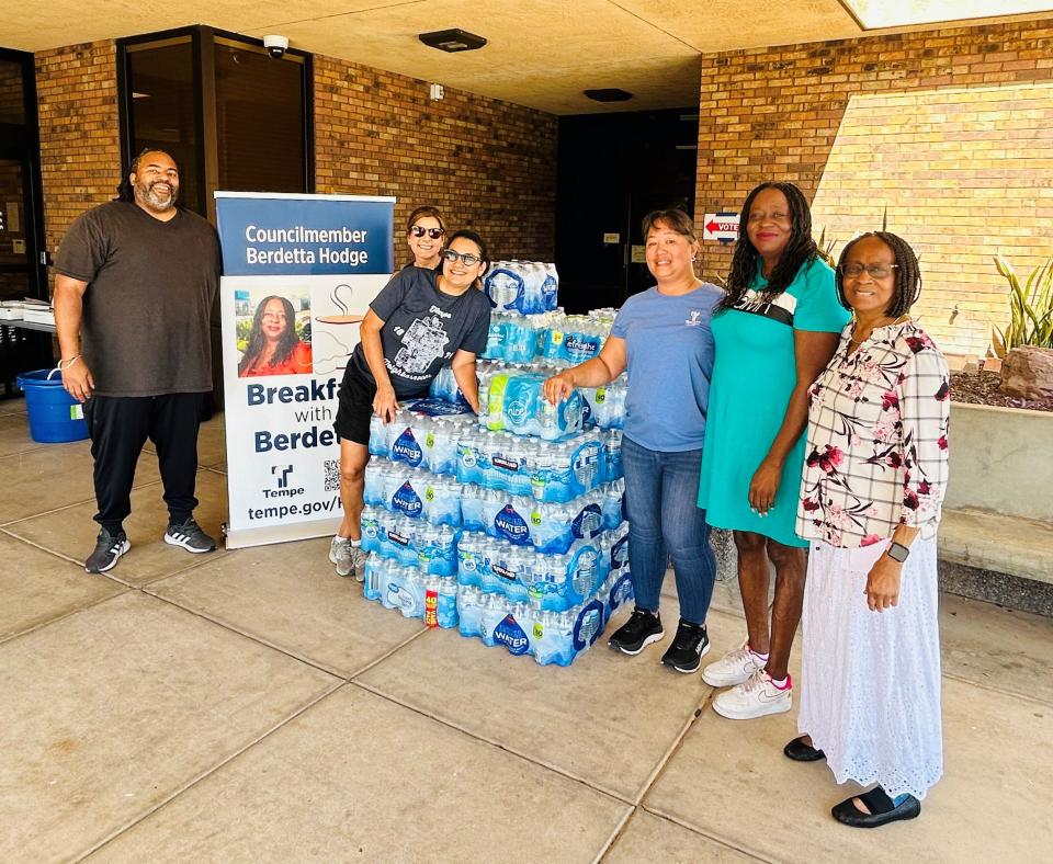 People donated nearly 15,000 bottles of water on Saturday, July 20, 2024, during a community breakfast hosted by Tempe Councilmember Berdetta Hodge.