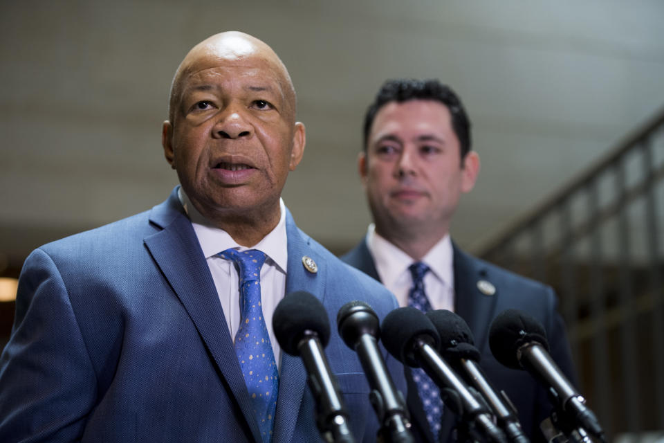 House Oversight Chairman Jason Chaffetz, R-Utah, right, and ranking Democrat Elijah Cummings, D-Md., hold a press conference on Tuesday, April 25, 2017