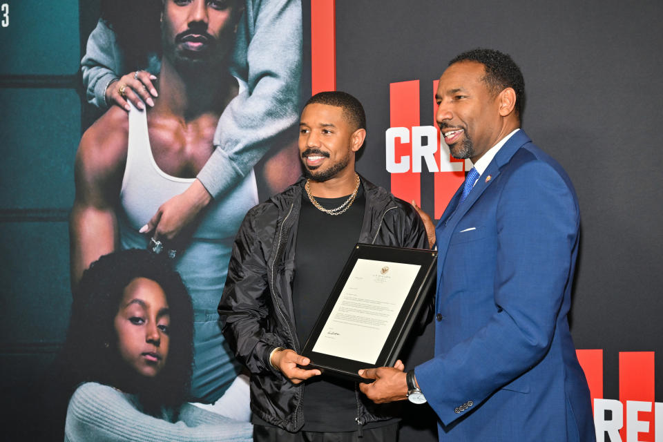 Michael B. Jordan and Andre Dickens attend the “Creed III” HBCU Atlanta Fan Screening at Regal Atlantic Station on Feb. 23. (Derek White/Getty Images)