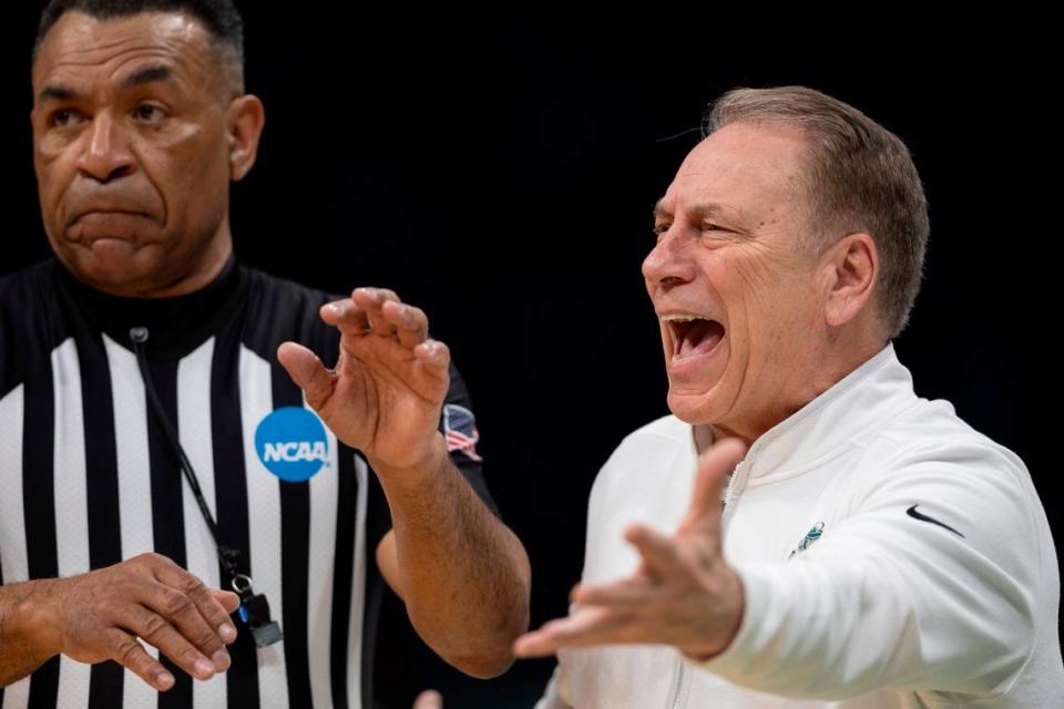 Michigan State head coach Tom Izzo yells at official Jeffery Clark during the first half against North Carolina on Saturday, March 23, 2024, during the second round of the NCAA Tournament at Spectrum Center in Charlotte, N.C.