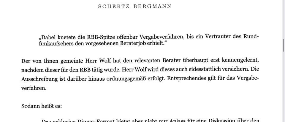 Ausriss aus einem Schreiben des RBB-Anwalts Christian Schertz vom 8. Juli 2022, in dem er Business Insider auffordert, fünf Sätze in der vergangenen Berichterstattung nicht länger zu verbreiten. 