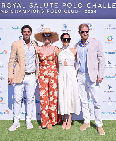 <p>Jason Koerner/Getty Images</p> From left: Nacho Figueras, Delfina Blaquier, Meghan Markle and Prince Harry attend the Royal Salute Polo Challenge in Florida on April 12, 2024