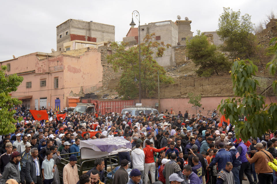 People displaced by the earthquake protest against lack of emergency assistance and worsening housing condition, in Amizmiz, outside Marrakech, Morocco, Tuesday, Oct. 24, 2023. (AP Photo/Youssef Mazouz)