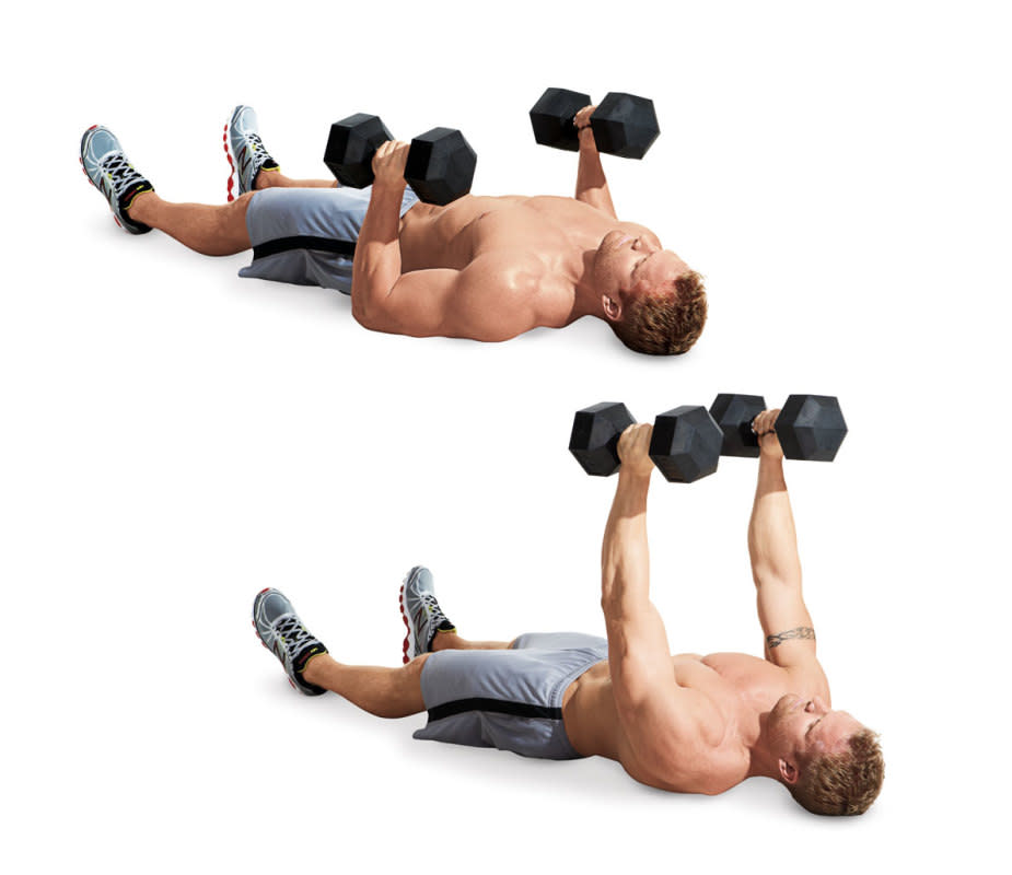 How to Do It:<ol><li>Lie on the floor, holding dumbbells at your chest. </li><li>Slowly extend your arms so dumbbells are in a bench press position. </li><li>Lower elbows to the floor, making sure to keep tension in your lats so upper arms are at 45 degrees to your torso. </li><li>When elbows touch the floor, extend arms to the starting position. That's 1 rep.</li></ol>