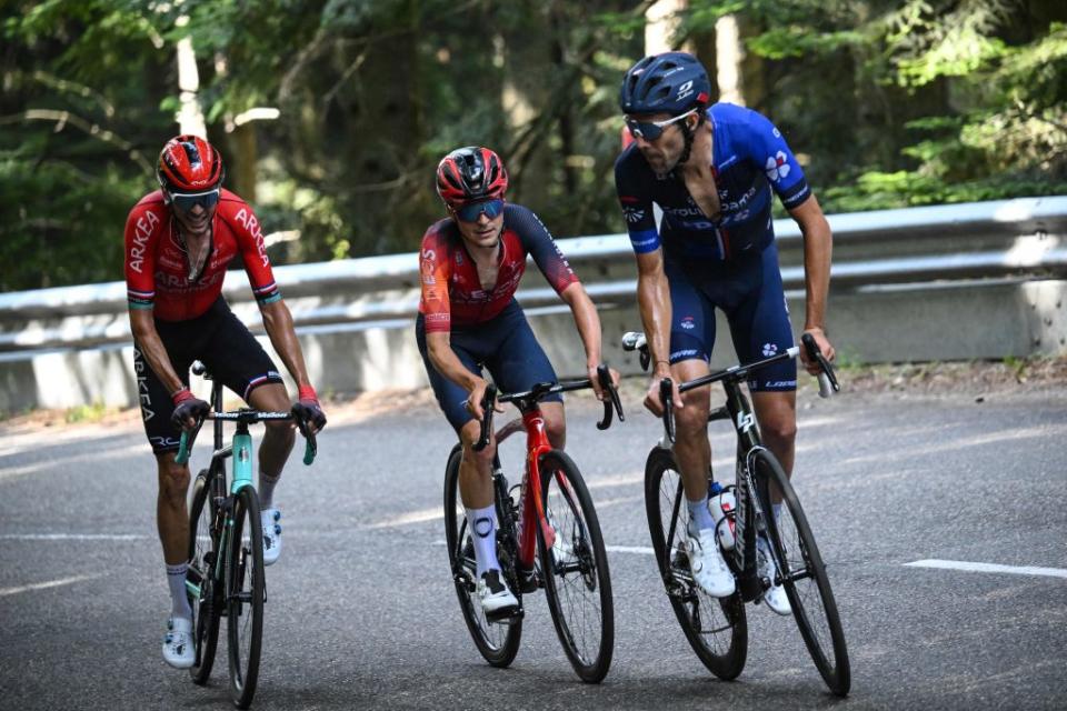 Thibault Pinot (Groupama-FDJ), Tom Pidcock (Ineos Grenadiers) and Warren Barguil (Arkea Samsic) climb the Col du Platzerwasel