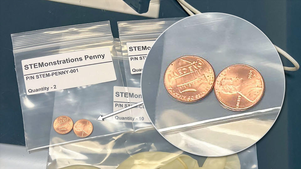     A close-up of two pennies inside a sealed plastic bag. 