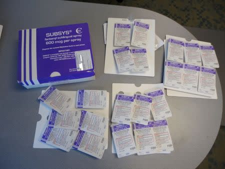 FILE PHOTO: A box of the Fentanyl-based drug Subsys, made by Insys Therapeutics Inc, is seen in an undated photograph provided by the U.S. Attorney's Office for the Southern District of Alabama. U.S. Attorney's Office for the Southern District of Alabama/Handout via REUTERS