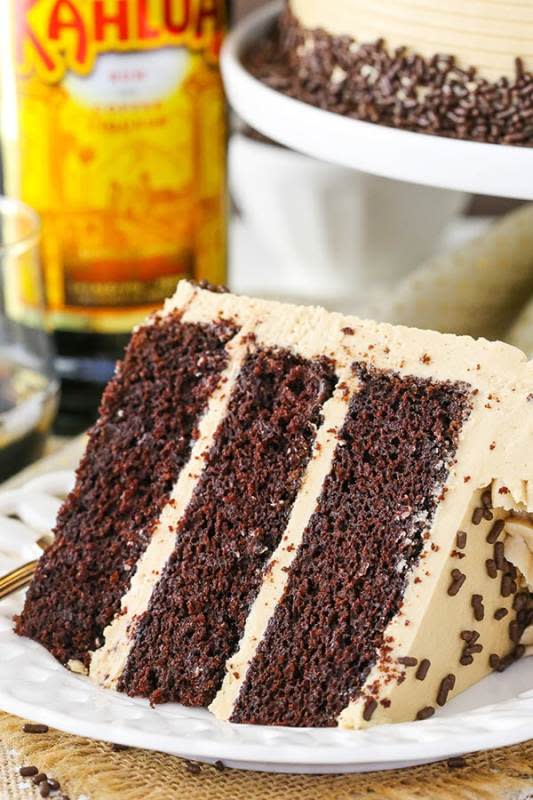 <p>Life Love and Sugar</p><p>This Kahlua coffee chocolate cake is made with a moist chocolate Kahlua cake covered in Kahlua coffee frosting!</p><p><strong>Get the recipe: <a href="https://www.lifeloveandsugar.com/kahlua-coffee-chocolate-layer-cake/" rel="nofollow noopener" target="_blank" data-ylk="slk:Kahlua Coffee Chocolate Cake;elm:context_link;itc:0;sec:content-canvas" class="link ">Kahlua Coffee Chocolate Cake</a></strong></p>