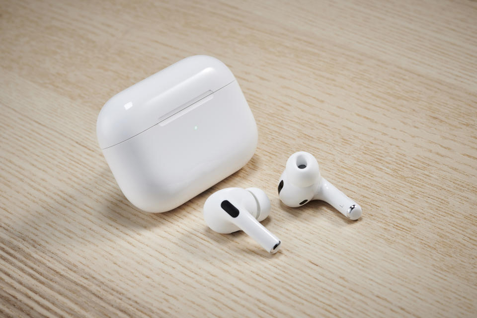 A pair of 2019 Apple AirPod Pro noise-cancelling earphones and a wireless charging case, taken on November 5, 2019. (Photo by Phil Barker/Future Publishing via Getty Images)