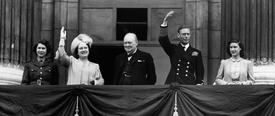 Prime Minister Winston Churchill appears on the balcony at Buckingham Palace with King George VI, Queen Elizabeth and the two princesses on the afternoon of V-E Day, May 8, 1945.<span class="copyright">Corbis/Getty Images</span>