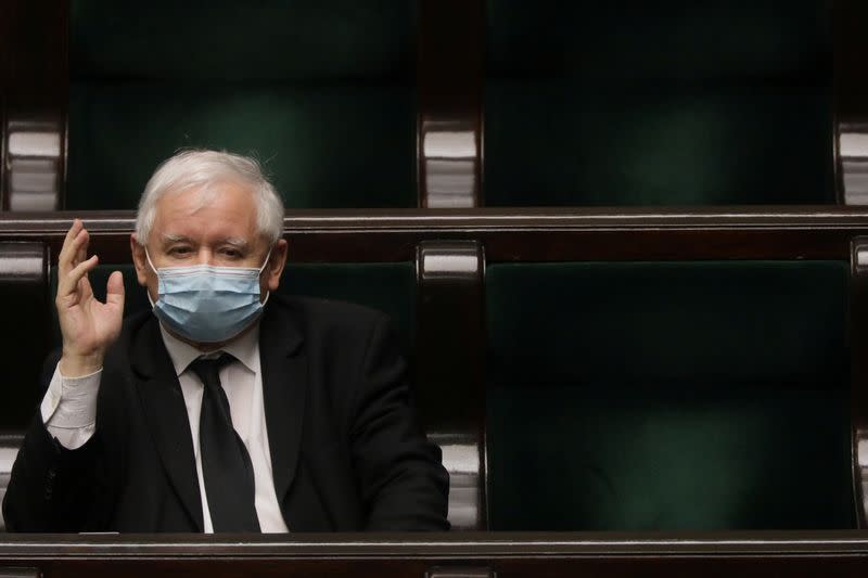 Law and Justice (PiS) leader Jaroslaw Kaczynski wears protective mask as he attends the Polish Parliament session in Warsaw