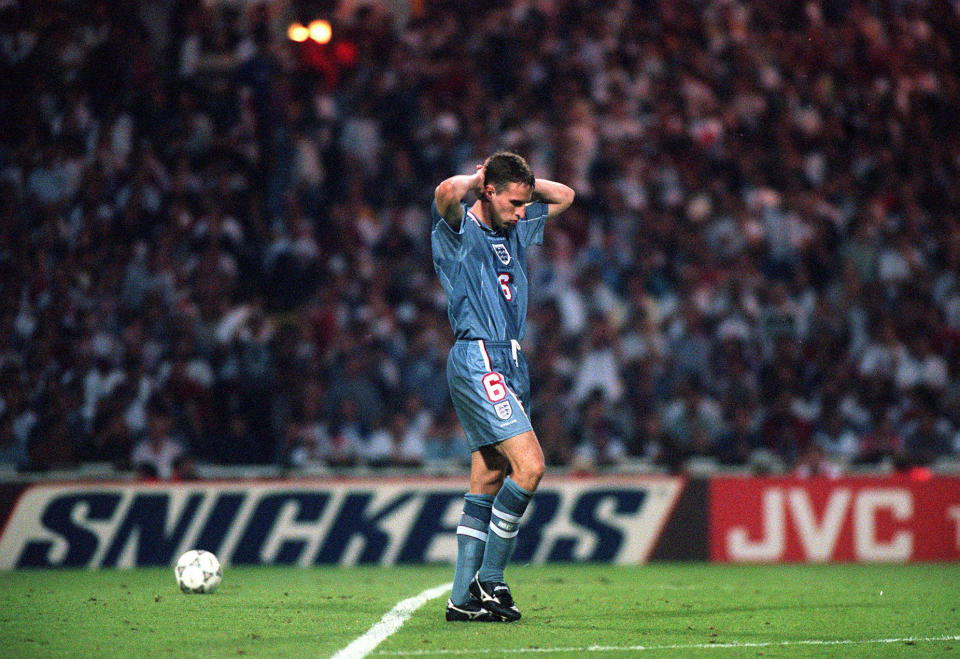 Gareth Southgate missed a critical penalty for England in the Euro 96 shootout against Germany. (Photo by PA Images via Getty Images)