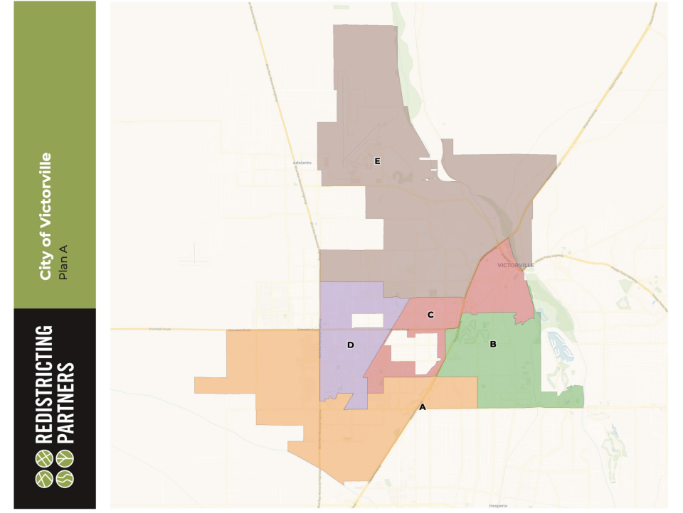 Plan A, one of three draft maps for voting districts, was presented to the Victorville City Council on Tuesday, Nov. 30, 2021. The city is switching to a by-district election system and Plan A would have two majority minority Latino districts.