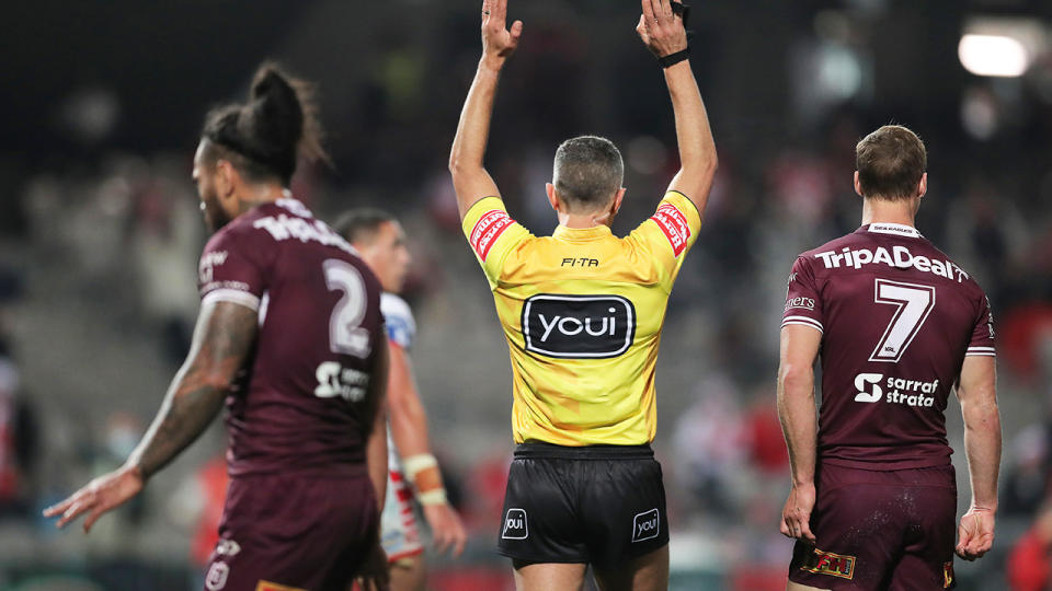 A referee, pictured here in action during Manly's clash with St George Illawarra.