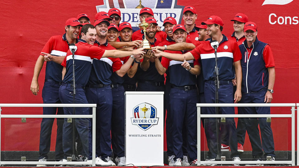 The Americans, pictured here with the trophy after winning the Ryder Cup.