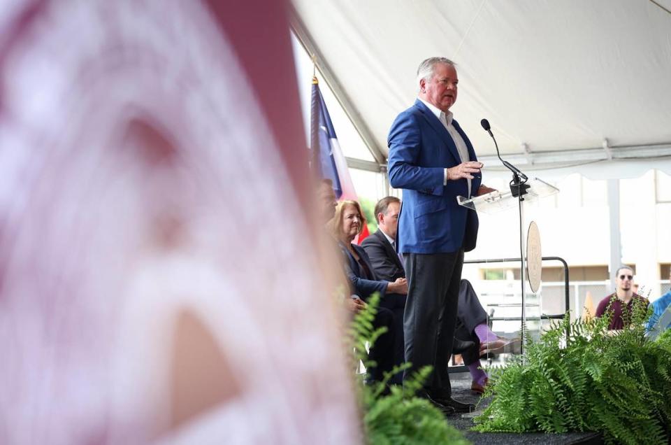 John Goff speaks during the groundbreaking of Texas A&M-Fort Worth’s new Law and Education Building on Wednesday.