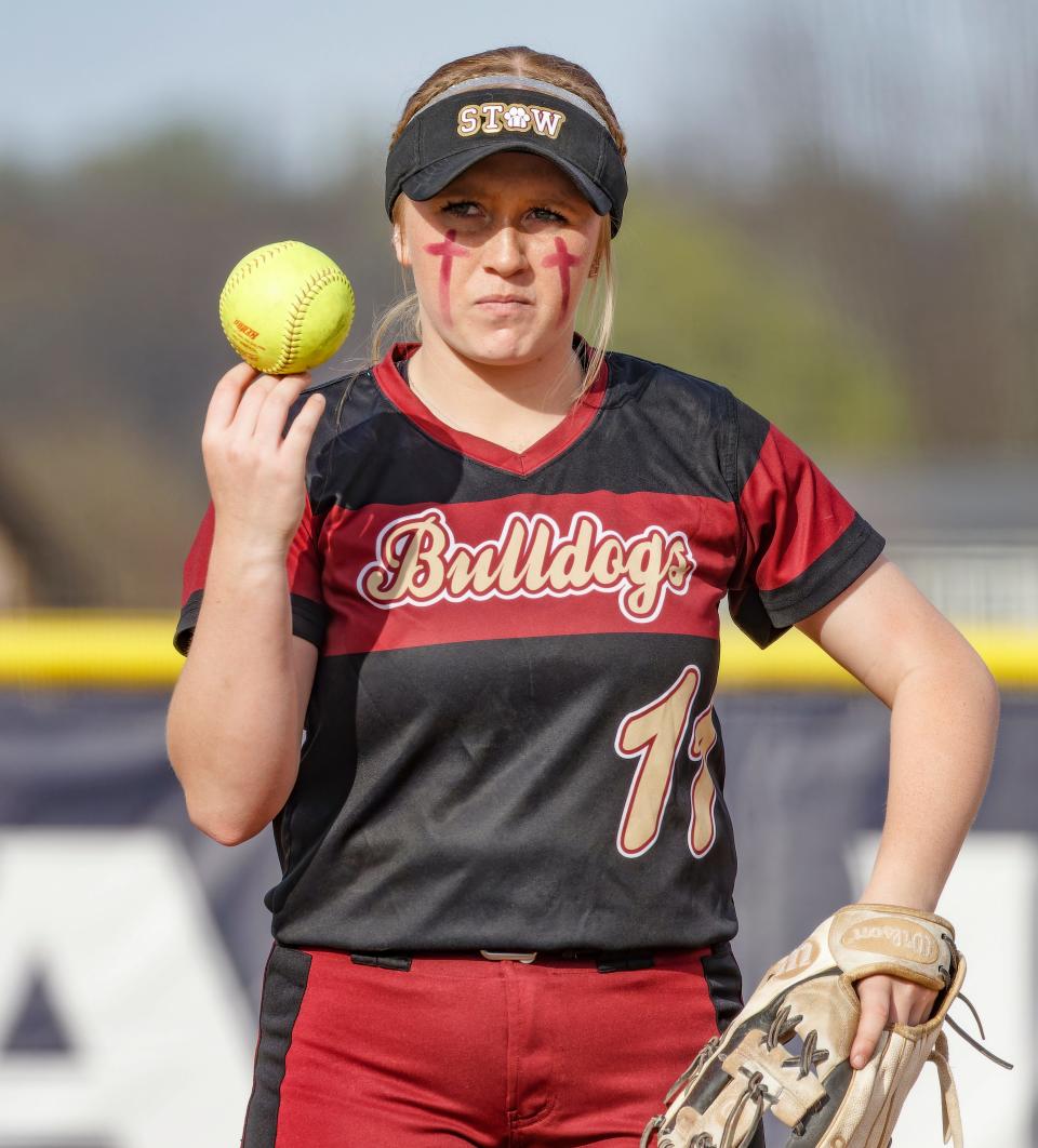 Stow's Makayla Huddleston eyes the plate during a game against Hudson on Friday, April 14, 2023.