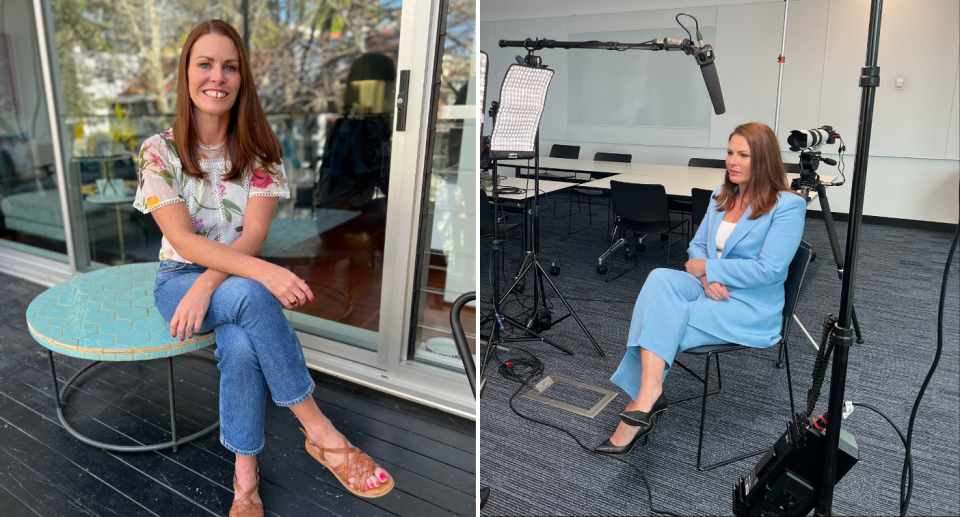 Left image shows Karen Iles sitting on a road, turquoise table with her leg crossed. She is wearing a white top with floral patterns, jeans, and brown sandals. Right image shows Karen in a blue suit surrounded by cameras and sound equiptment.