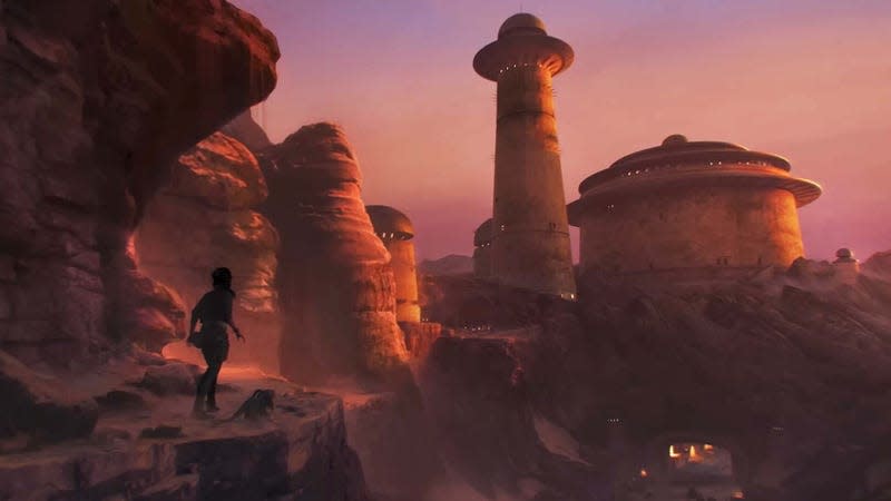 An image shows concept art of Tatooine as it will appear in Star Wars Outlaws. 