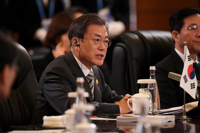 South Korea's President Moon Jae-in speaks at the 8th trilateral leaders' meeting between China, South Korea and Japan in Chengdu