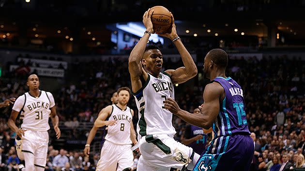 Giannis is feeling the love for new teammate Delly. Pic: Getty