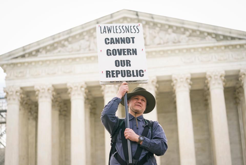 Apr 25, 2024; Washington, DC, USA; Protestors gather outside of the US Supreme Court as the Supreme Court justices hear oral arguments on whether former President Donald Trump is immune from criminal charges in his federal election interference case.. Mandatory Credit: Jack Gruber-USA TODAY ORG XMIT: USAT-873093 (Via OlyDrop)