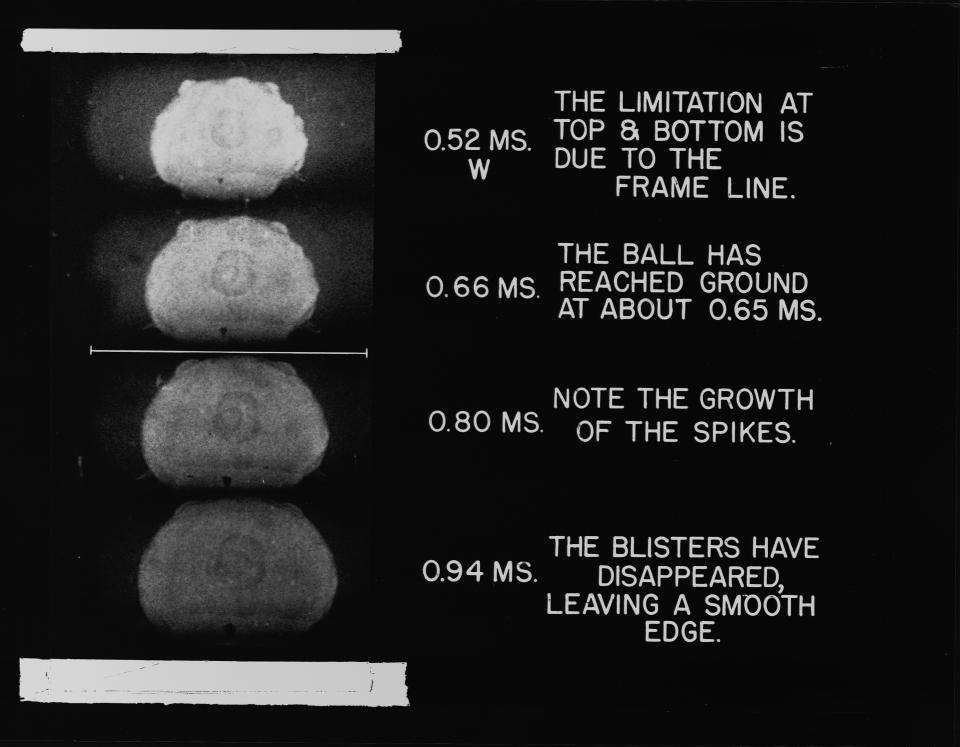 This series of photos taken during Gadget's initial detonation at 5:29:45 a.m. shows the ball of flame descending from its initial origin at the top of the test tower. (Photo by © CORBIS/Corbis via Getty Images)