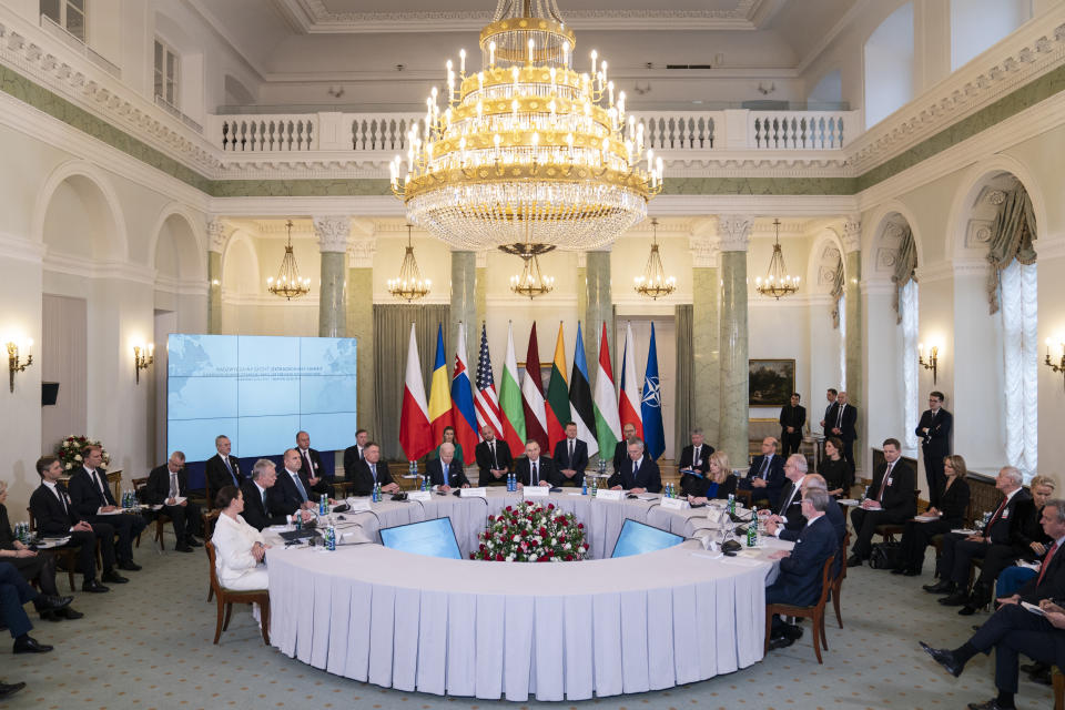 President Joe Biden participates in a meeting with the leaders of the Bucharest Nine, a group of nine countries that make up the eastern flank of NATO, Wednesday, Feb. 22, 2023, in Warsaw. (AP Photo/ Evan Vucci)