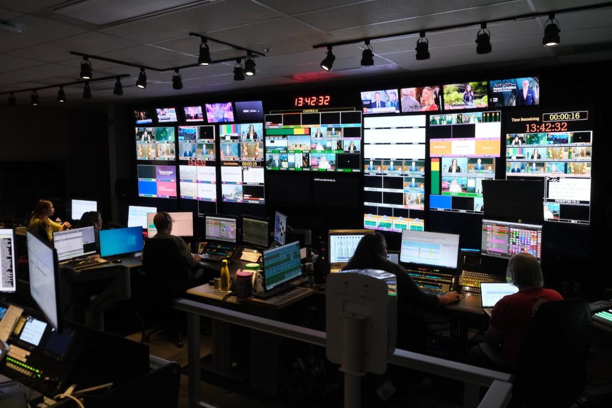 A control room at the Canadian Broadcasting Centre in Toronto. Newsrooms around the world have struggled with how to fairly and accurately cover the divisive Israel-Hamas war. (Patrick Morrell/CBC - image credit)