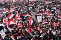 Supporters of Iraqi Shi'ite cleric Moqtada al-Sadr protest against what they say is U.S. presence and violations in Iraq, during a demonstration in Baghdad