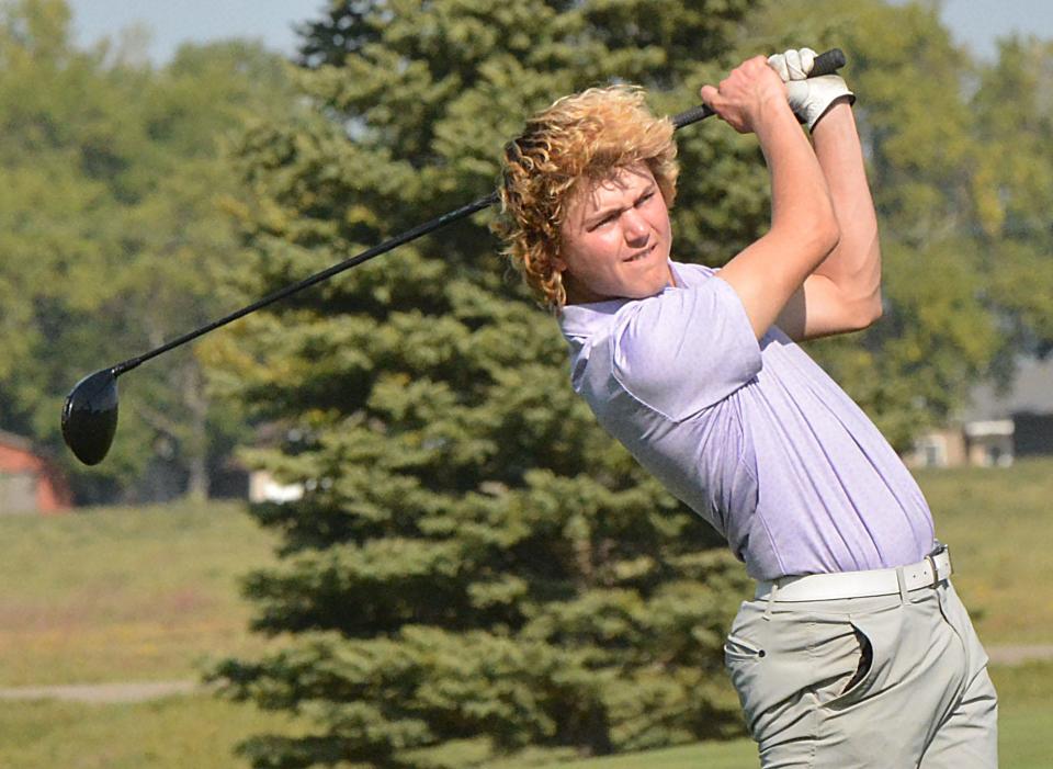 Watertown's Gabe Norberg tees off on No. 3 Red during the Watertown Boys Golf Invite on Tuesday, Sept. 19, 2023 at Cattail Crossing Golf Course.