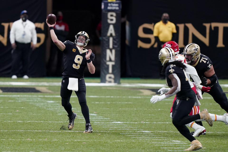 New Orleans Saints quarterback Drew Brees (9) passes in the second half of an NFL football game against the Kansas City Chiefs in New Orleans, Sunday, Dec. 20, 2020. the Chiefs won 32-29. (AP Photo/Butch Dill)